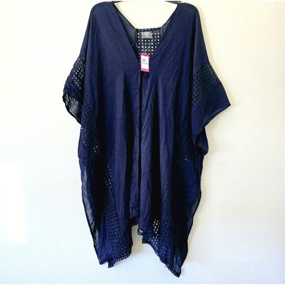 NWT Vince Camuto Ruana Wrap Shawl Women One Size Navy Fringe Sheer Swim Cover Up - Picture 1 of 8